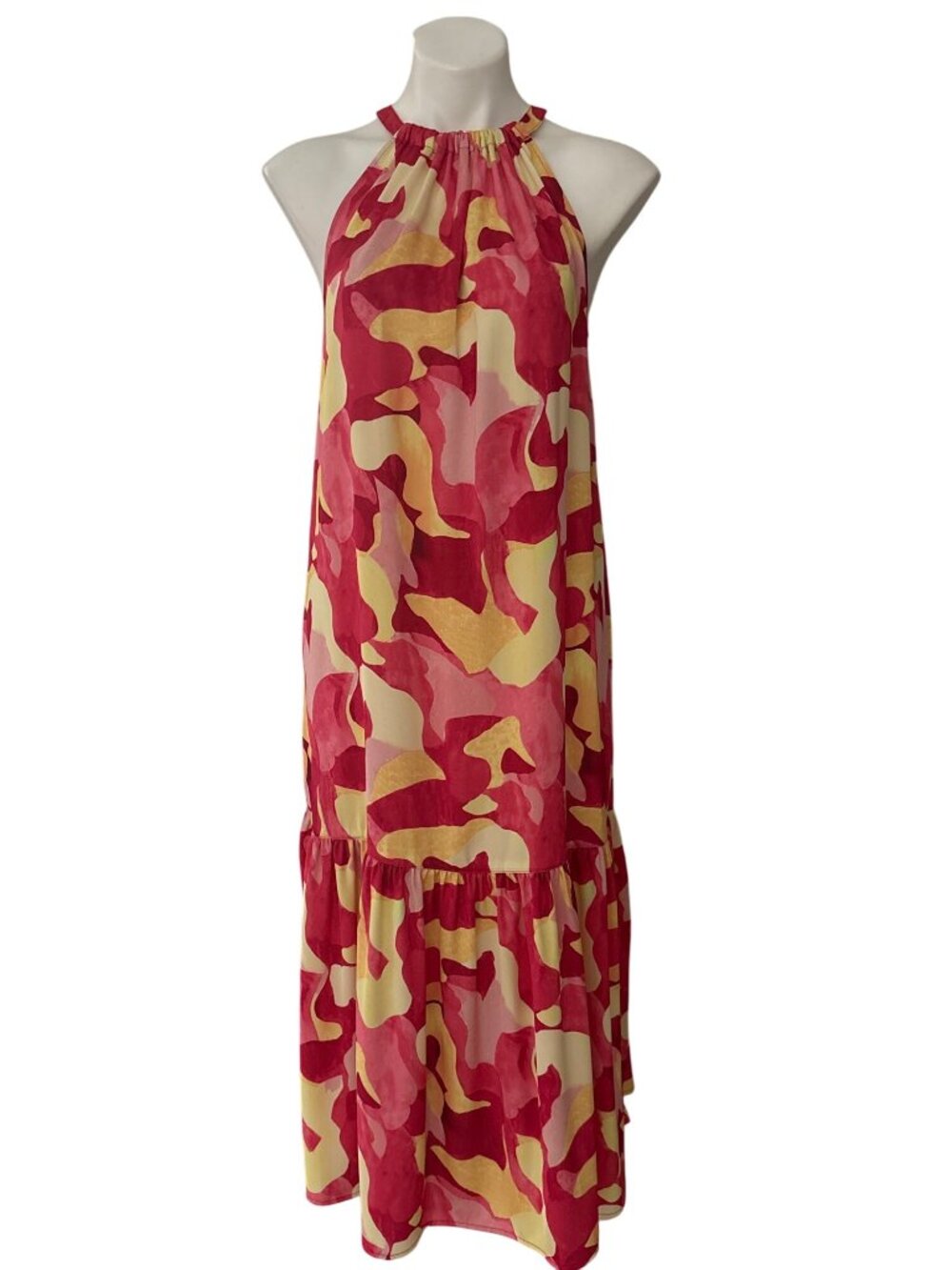 Ming Wang Women's NWT $270 Abstract Print Crepe De Chine Flounced Halter Dress M - Picture 2 of 11